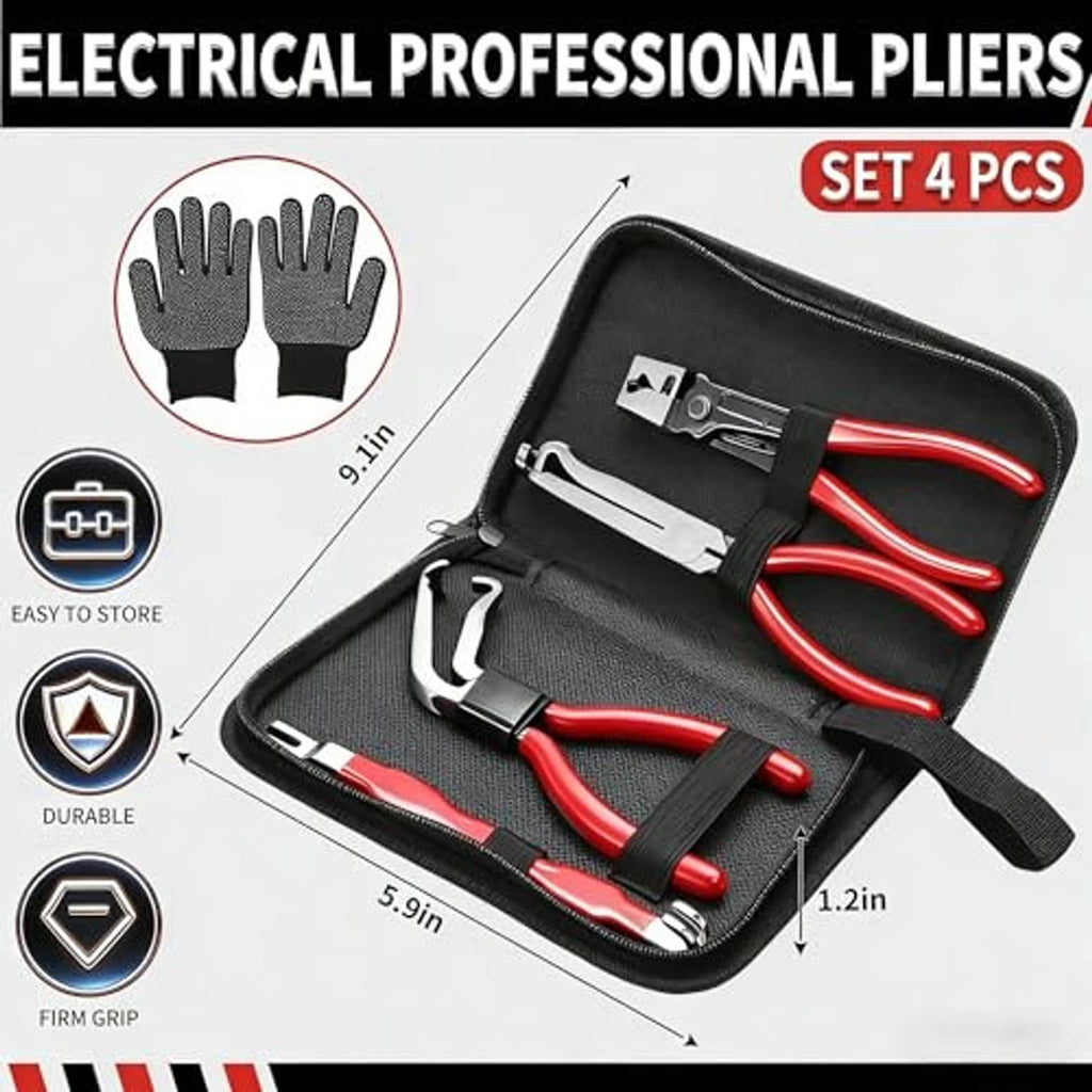 Electrical professional plier set in black case with red-and-black handles, 4 pieces