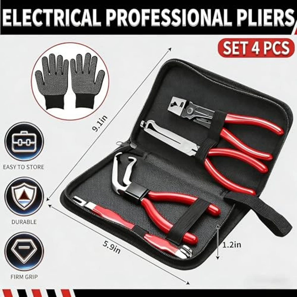 Electrical professional plier set in black case with red-and-black handles, 4 pieces
