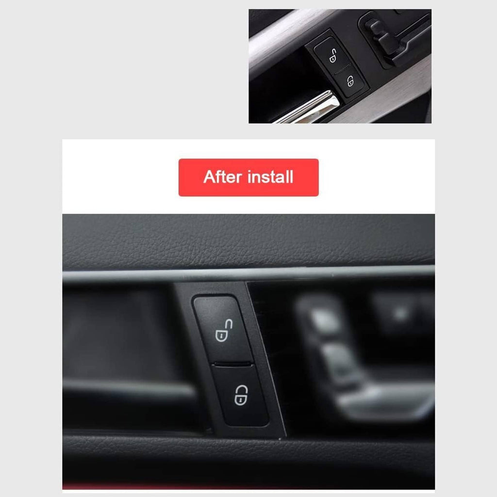 Black door lock switch button installed on car door panel with lock icon