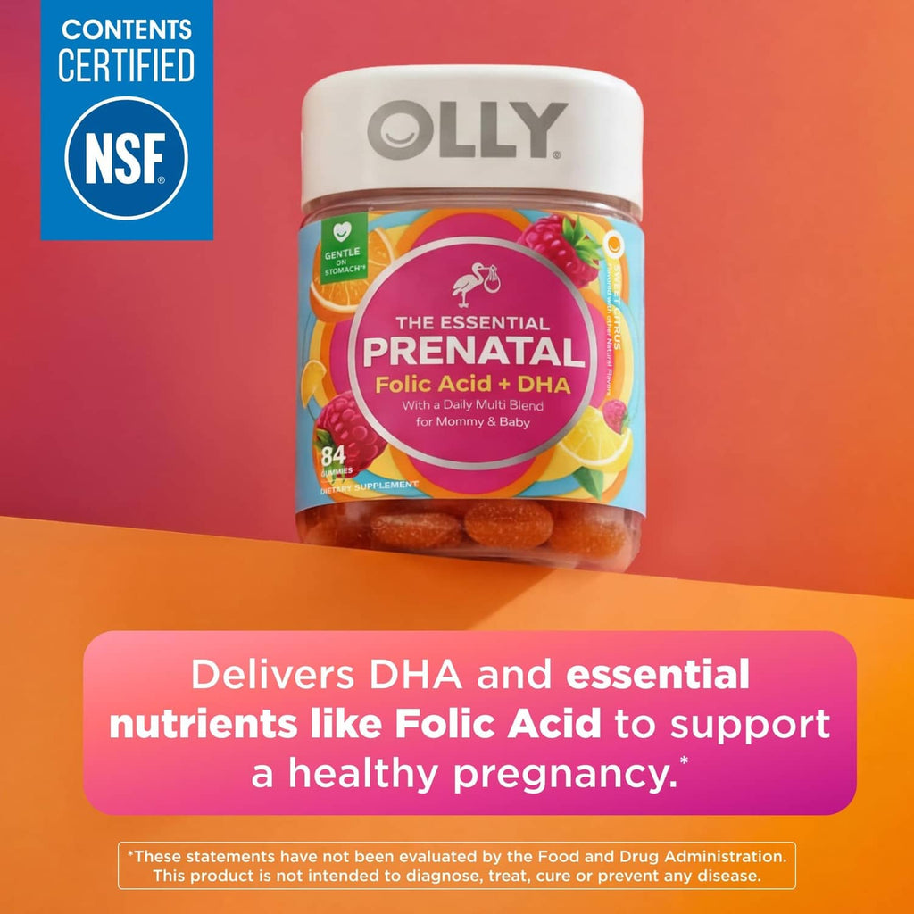 OLLY prenatal multivitamin bottle with NSF contents certified badge and 84 gummies