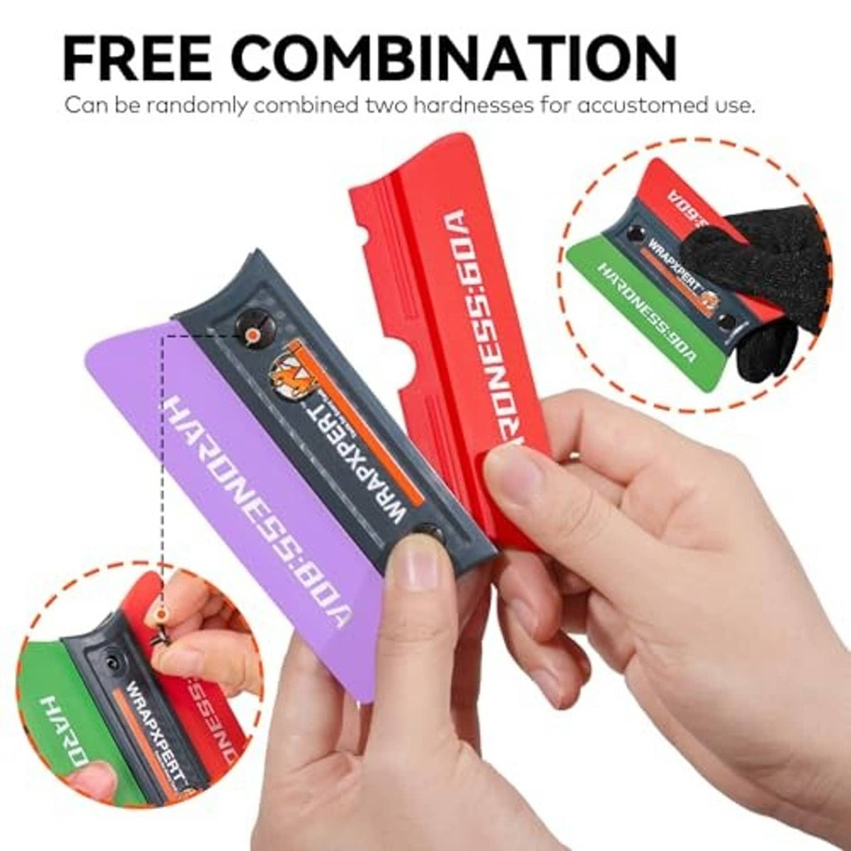 Two-piece magnetic vinyl wrap squeegee set held by hands: red and black blades
