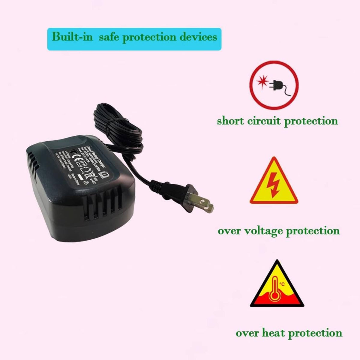 Black battery charger with safety protections and attached power plug