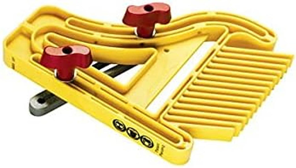 Yellow feather board with two red hold-down clamps for woodworking safety