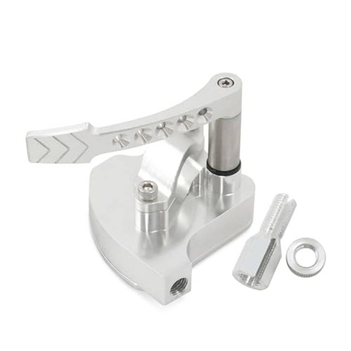 CNC billet thumb throttle extender in silver, top lever bar with riser and hardware