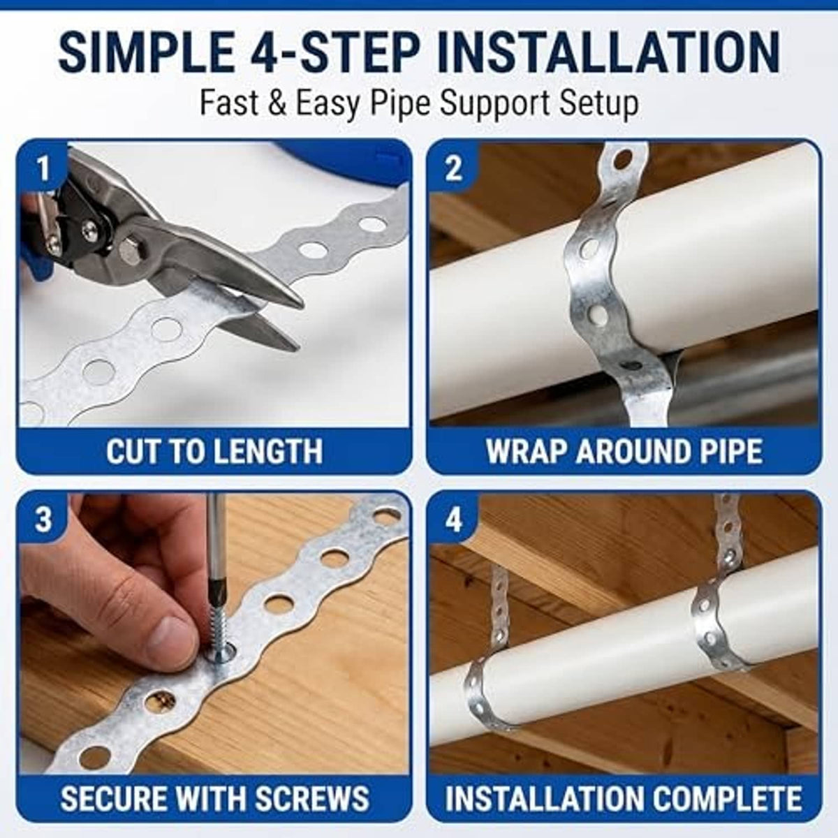 Perforated metal pipe strap installation steps: cut, wrap, screw, complete