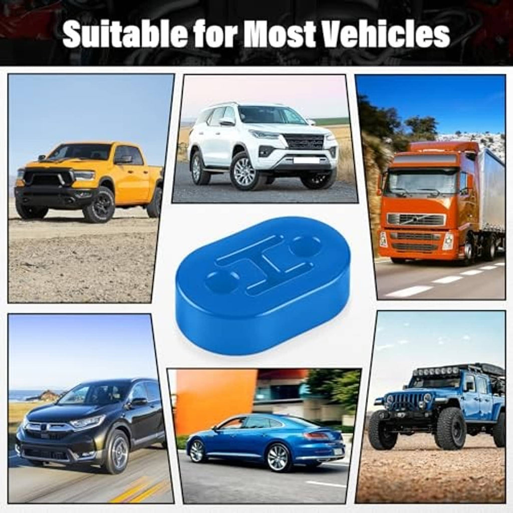Blue rubber exhaust hanger block shown among vehicle fitment examples
