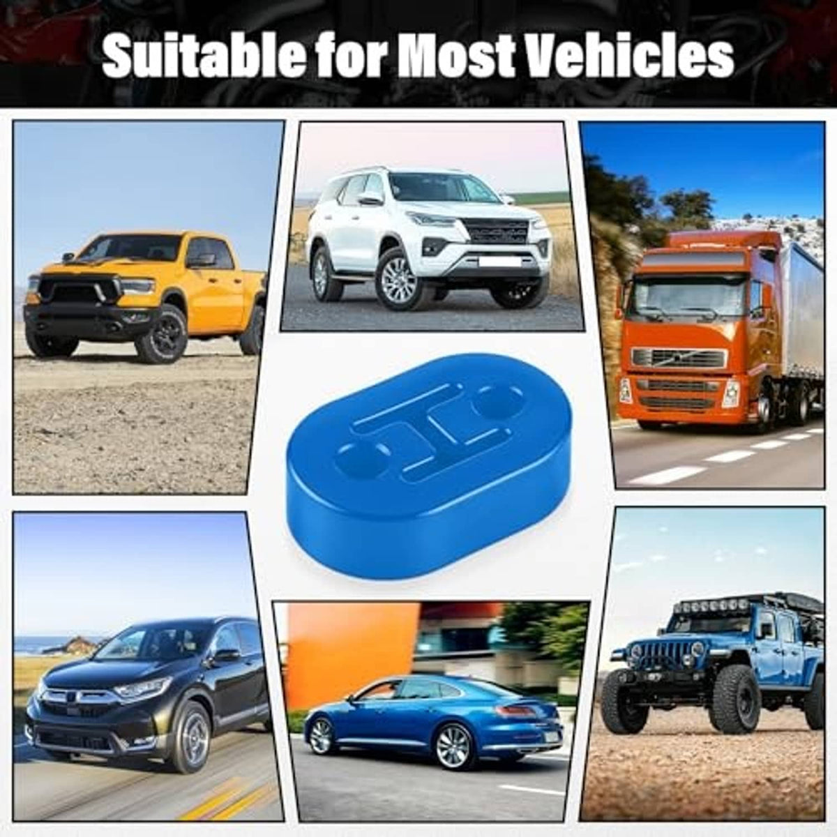 Blue rubber exhaust hanger block shown among vehicle fitment examples