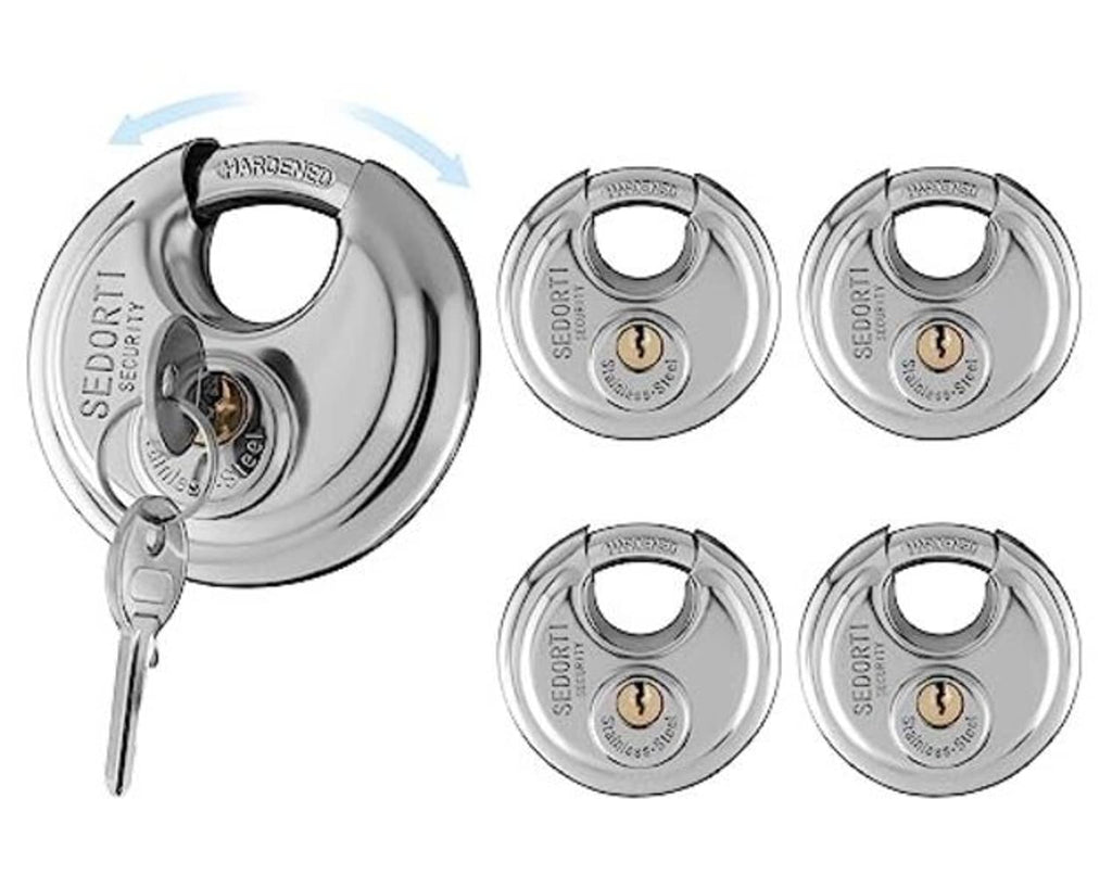 Set of five stainless steel disc padlocks keyed alike, three lock views shown