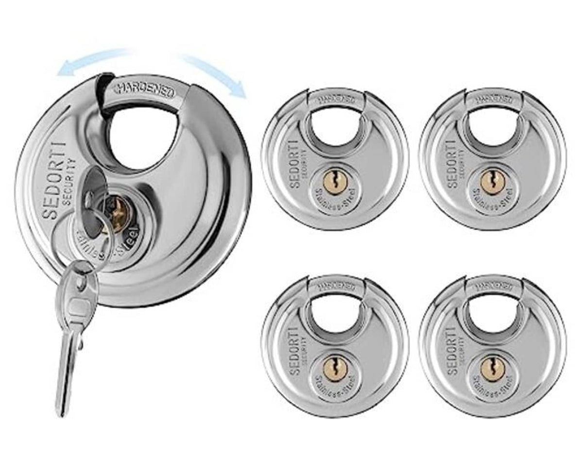 Set of five stainless steel disc padlocks keyed alike, three lock views shown