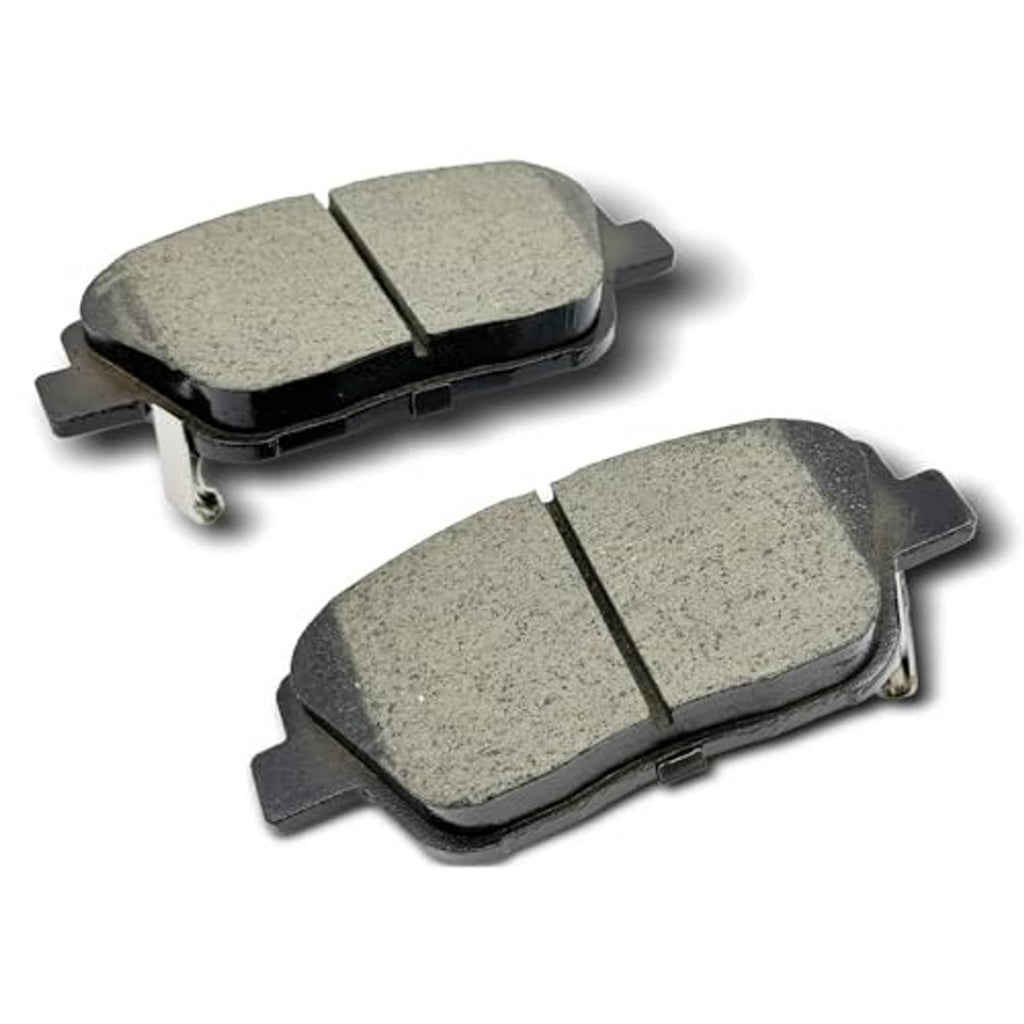 Brake pad set two gray pads with metal backing, front and angled view