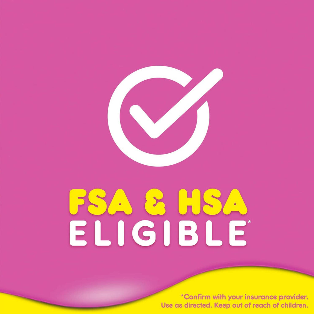 Pepto Bismol liquid label: FSA & HSA ELIGIBLE with check mark