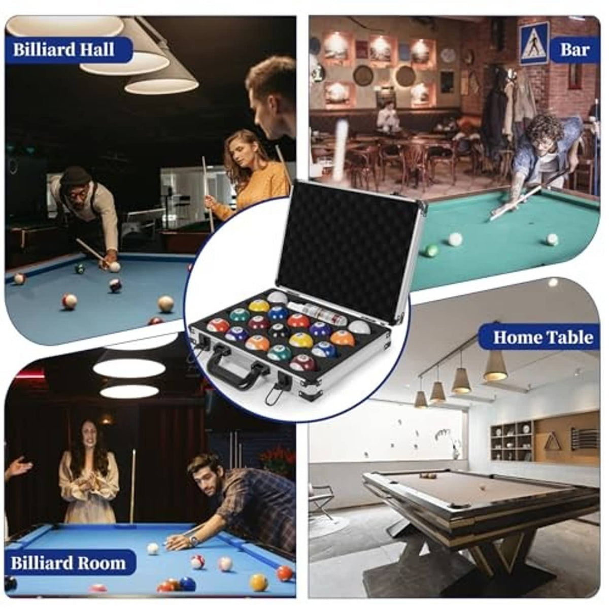 Pool ball case open with multi-colored balls arranged in foam insert compartments
