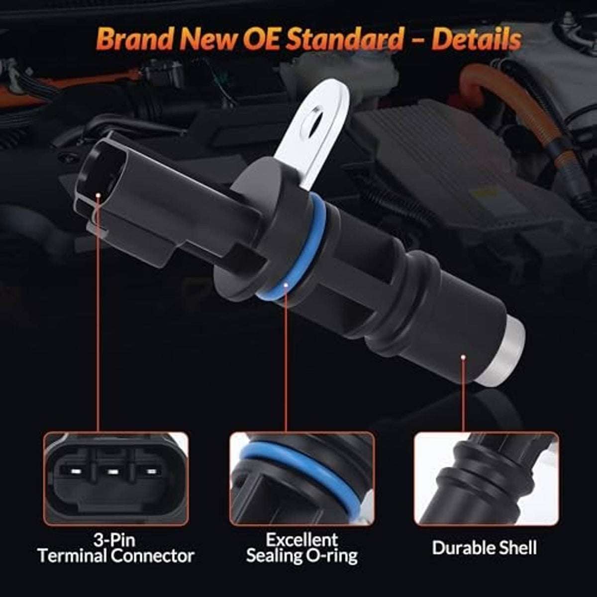 Camshaft position sensor with blue o-ring and three-pin electrical connector
