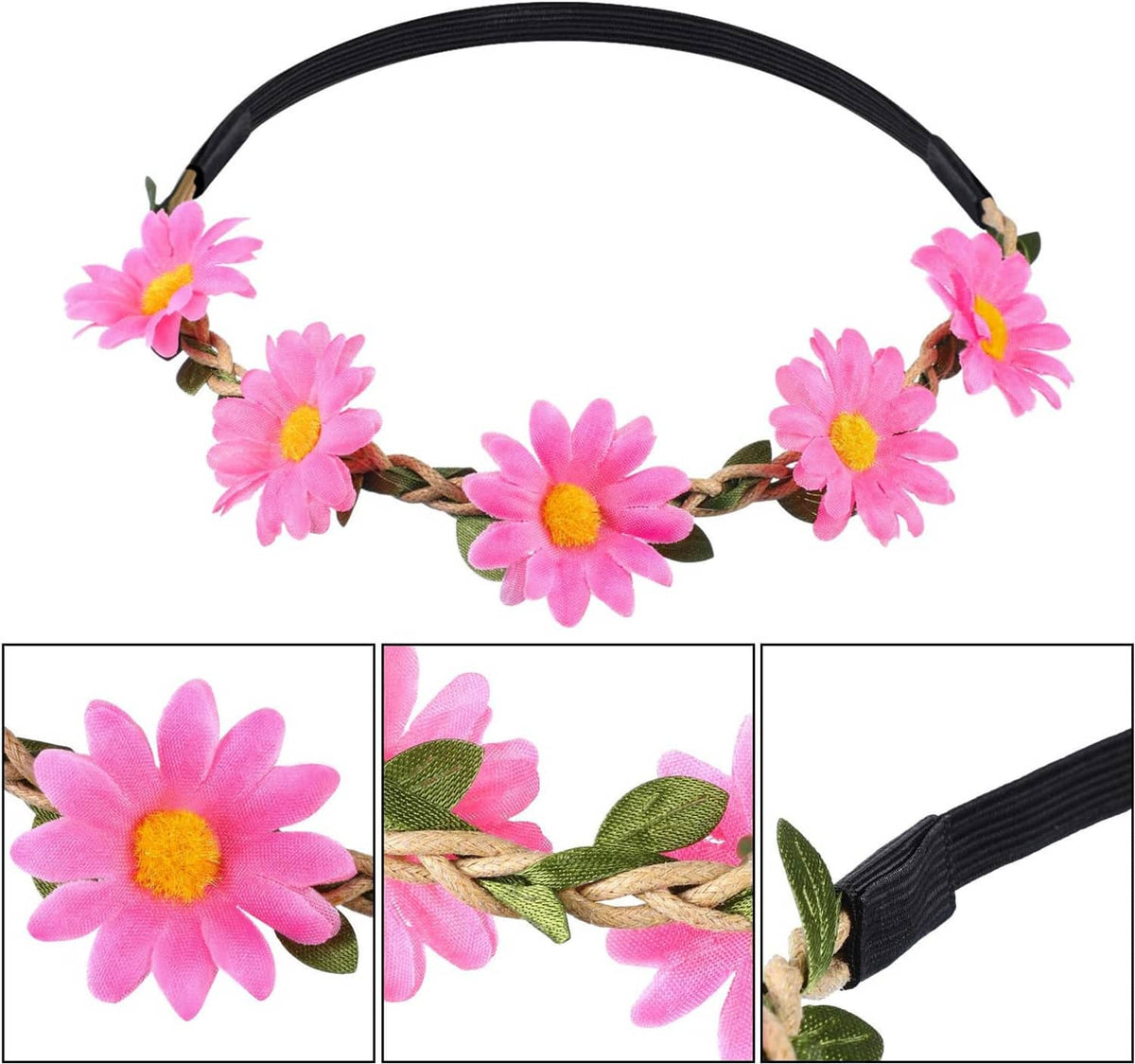 Pink daisy flower crown detail with braided green band and textured fabric ties