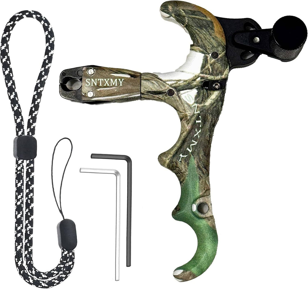 Camouflage thumb bow release with black trigger and long patterned lanyard loop.