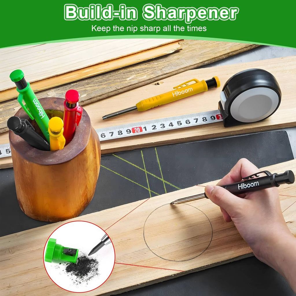 Green carpenter pencil with built-in sharpener, metal point visible and protective cap open
