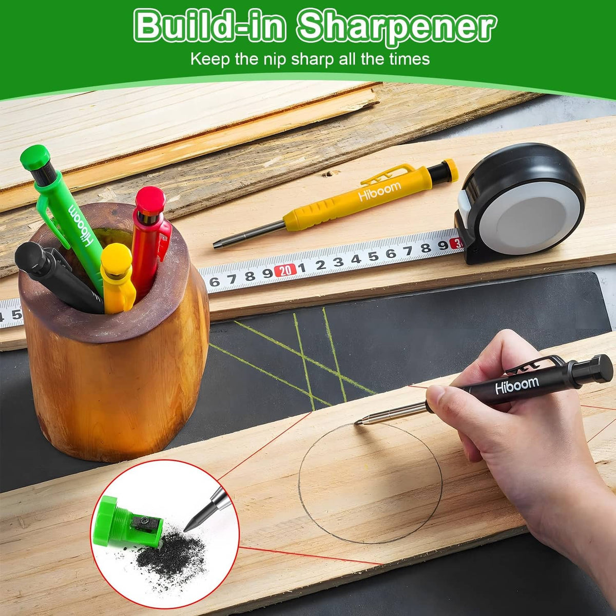 Green carpenter pencil with built-in sharpener, metal point visible and protective cap open