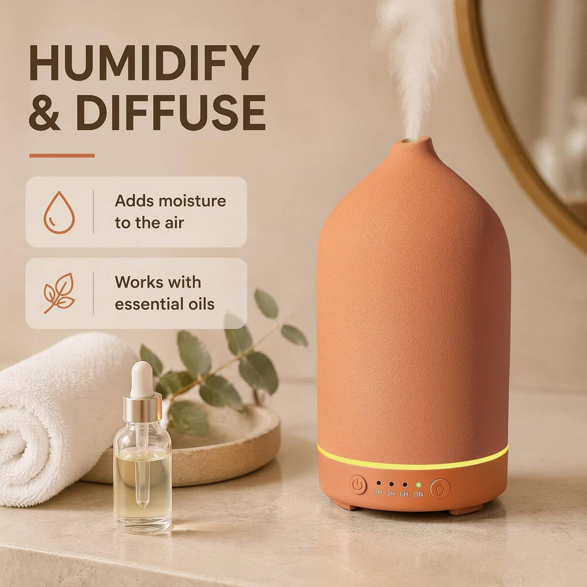 Gooamp ceramic essential oil diffuser with steam, matte stone brown body and control ring