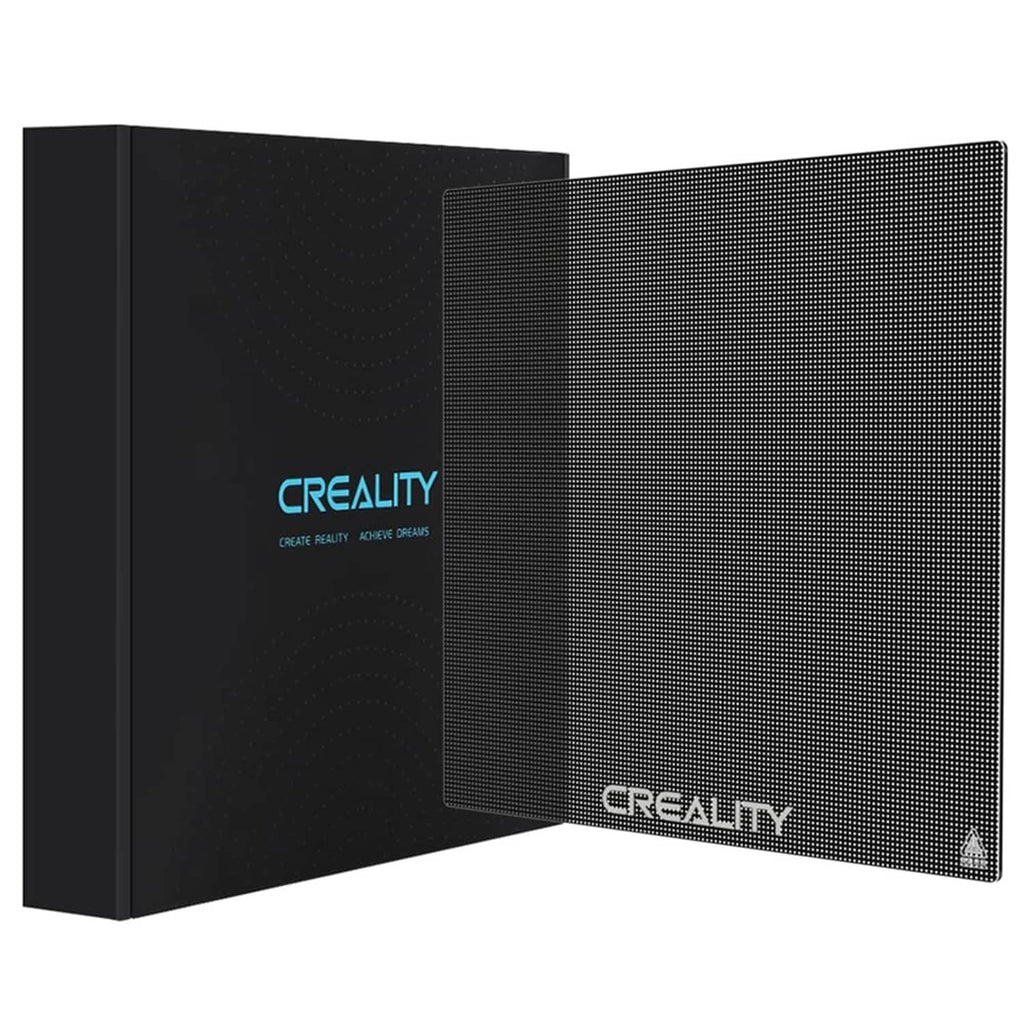 Creality 3D printer glass bed platform, dark textured square panel, angled view