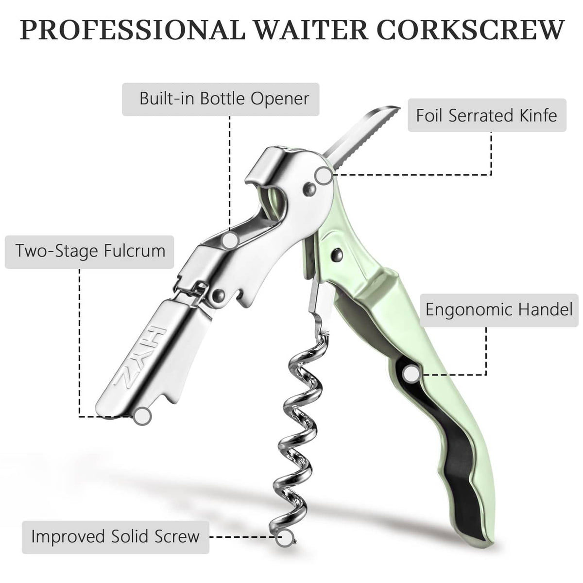 Waiter corkscrew tool with foil knife and built-in bottle opener, mint green