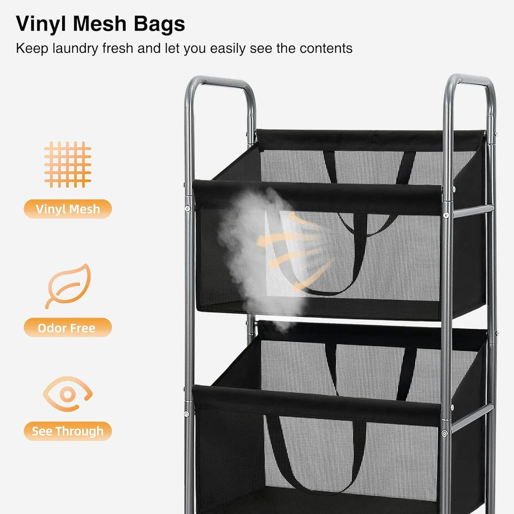 3-tier rolling laundry hamper with see-through vinyl mesh bags and black metal frame