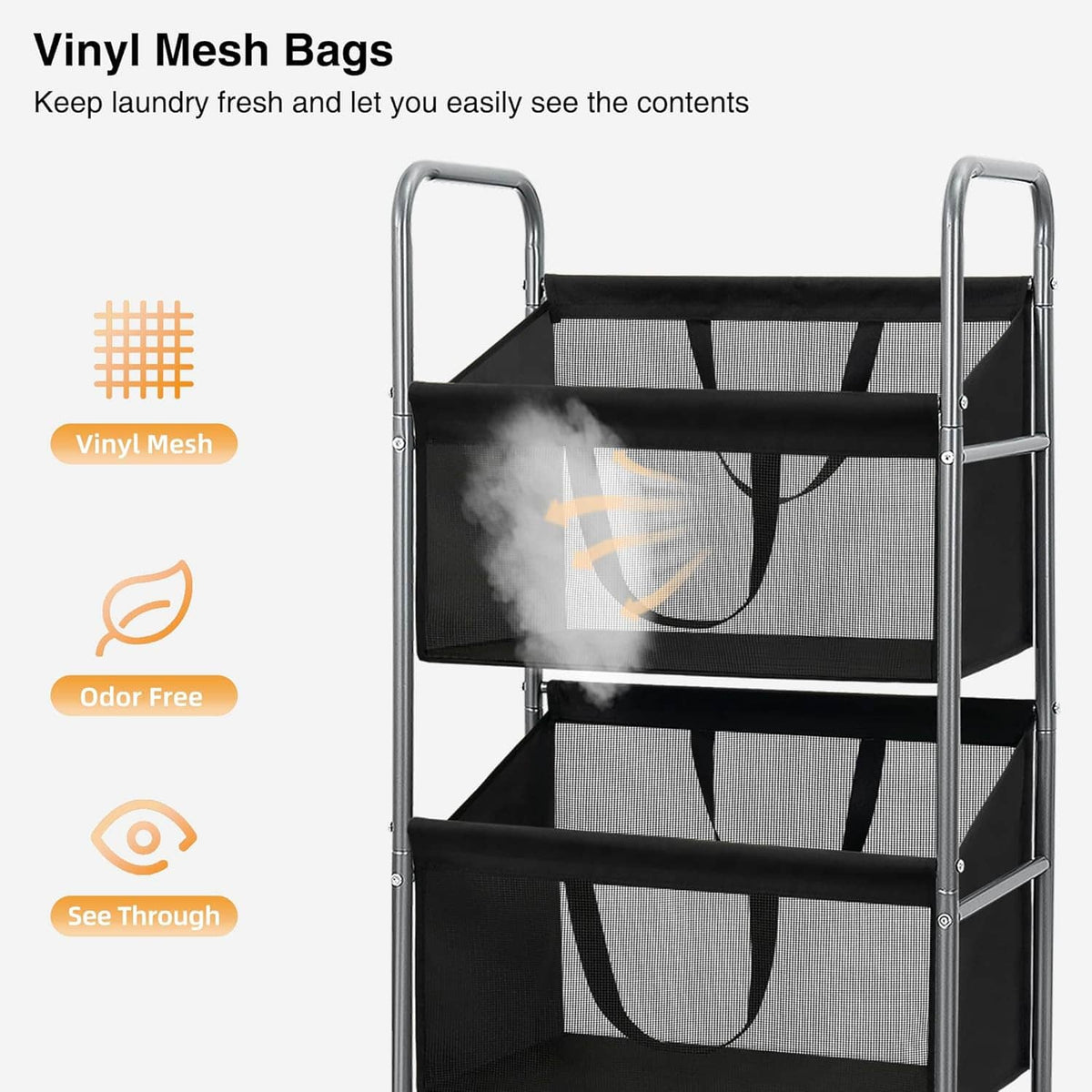 3-tier rolling laundry hamper with see-through vinyl mesh bags and black metal frame
