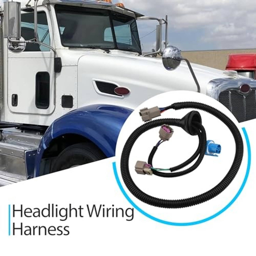 Coiled headlight wiring harness with electrical connectors, shown on a truck front