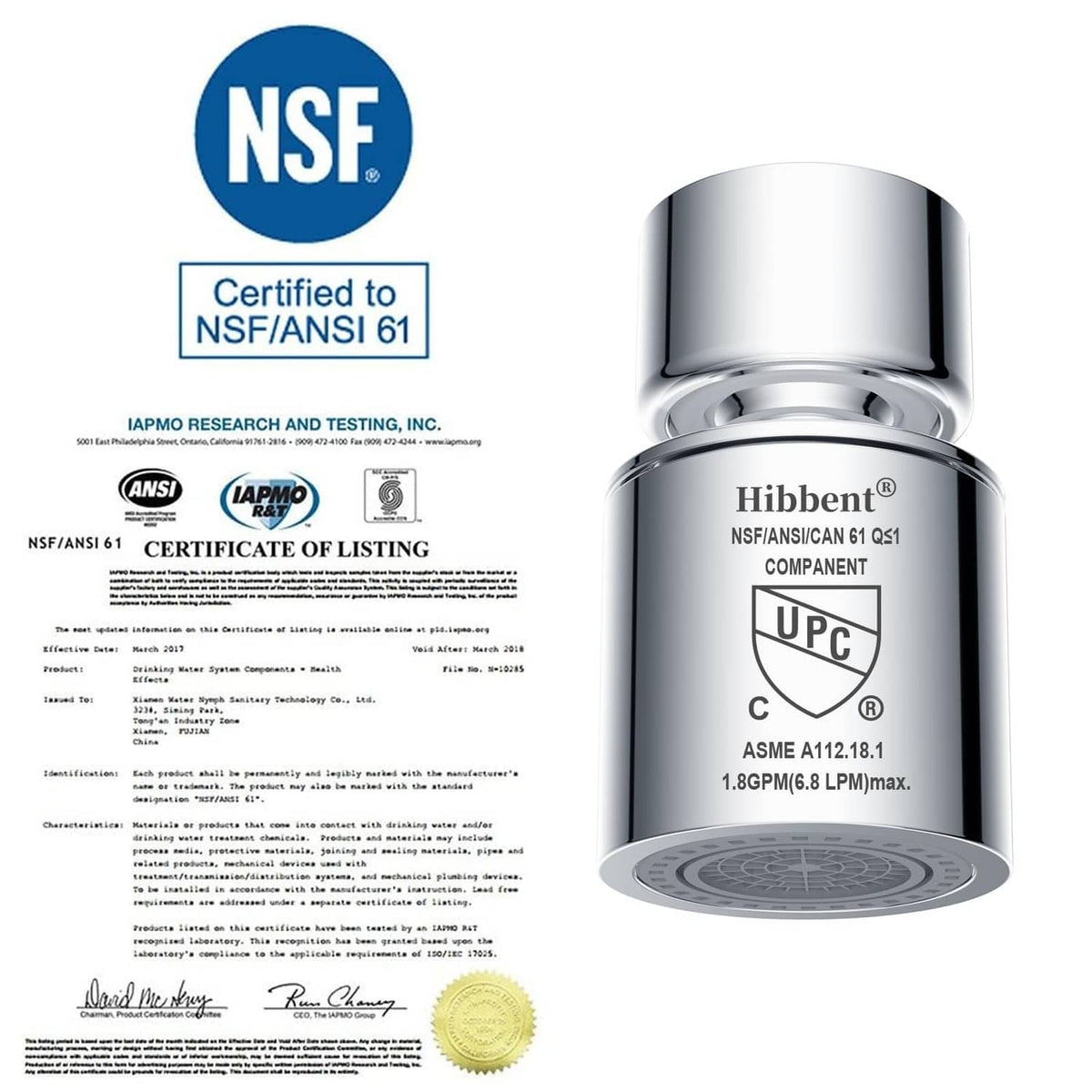 Chrome faucet aerator with NSF/ANSI 61 and CUPC UPC certification seal