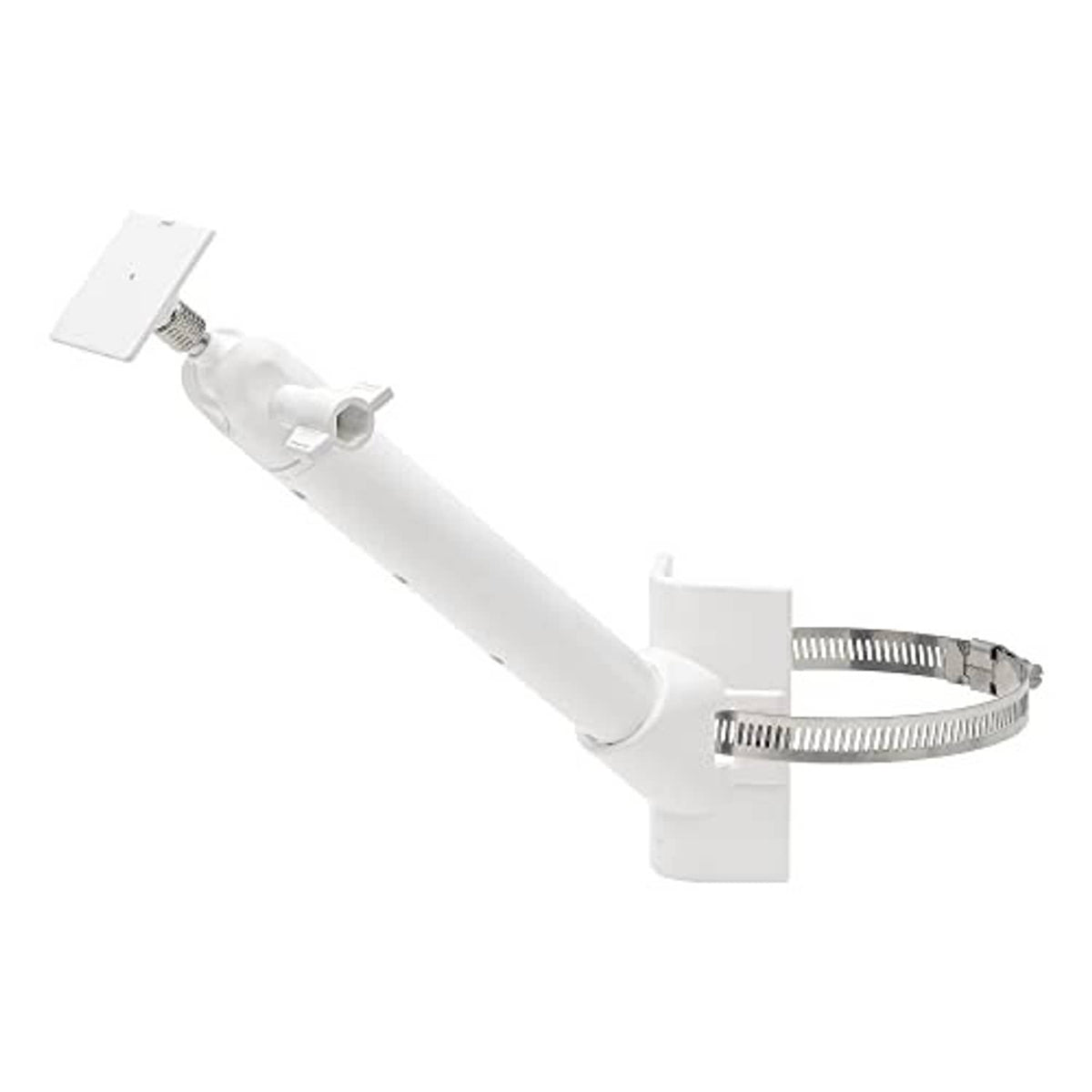 White solar panel pole mount with clamp arms for securing solar panel to a pole