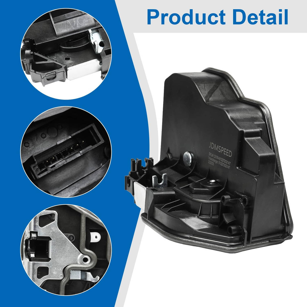 Power door lock latch actuator product detail view, black housing with mounting brackets