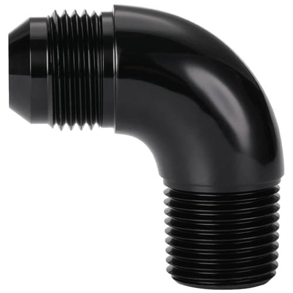 Black 90-degree elbow fitting with one male AN flare and one male NPT thread