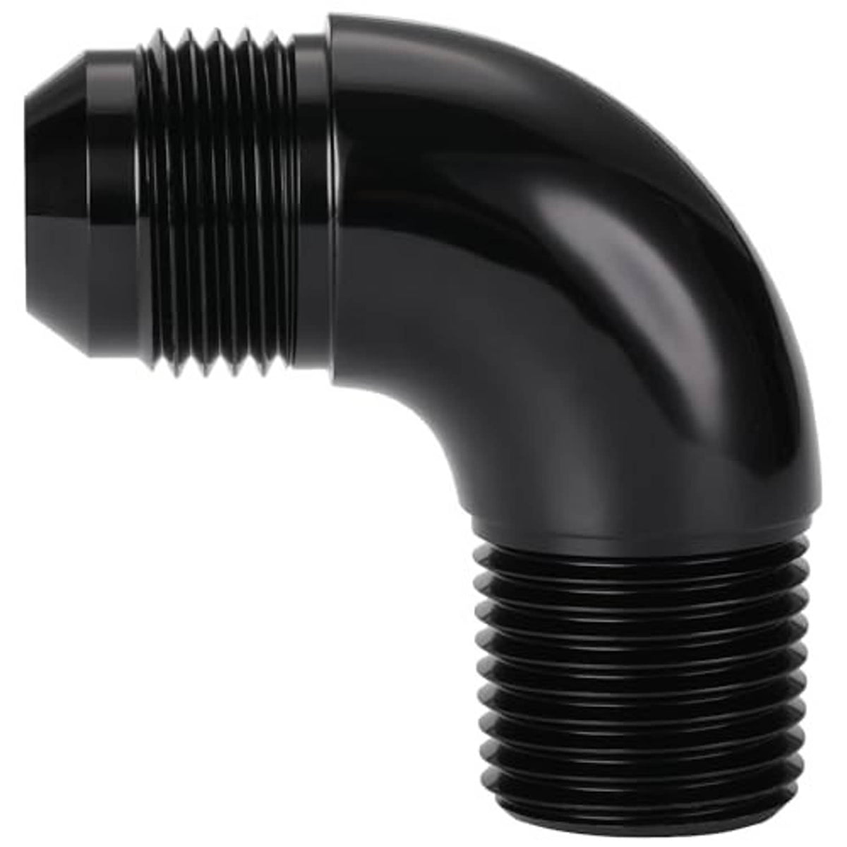 Black 90-degree elbow fitting with one male AN flare and one male NPT thread