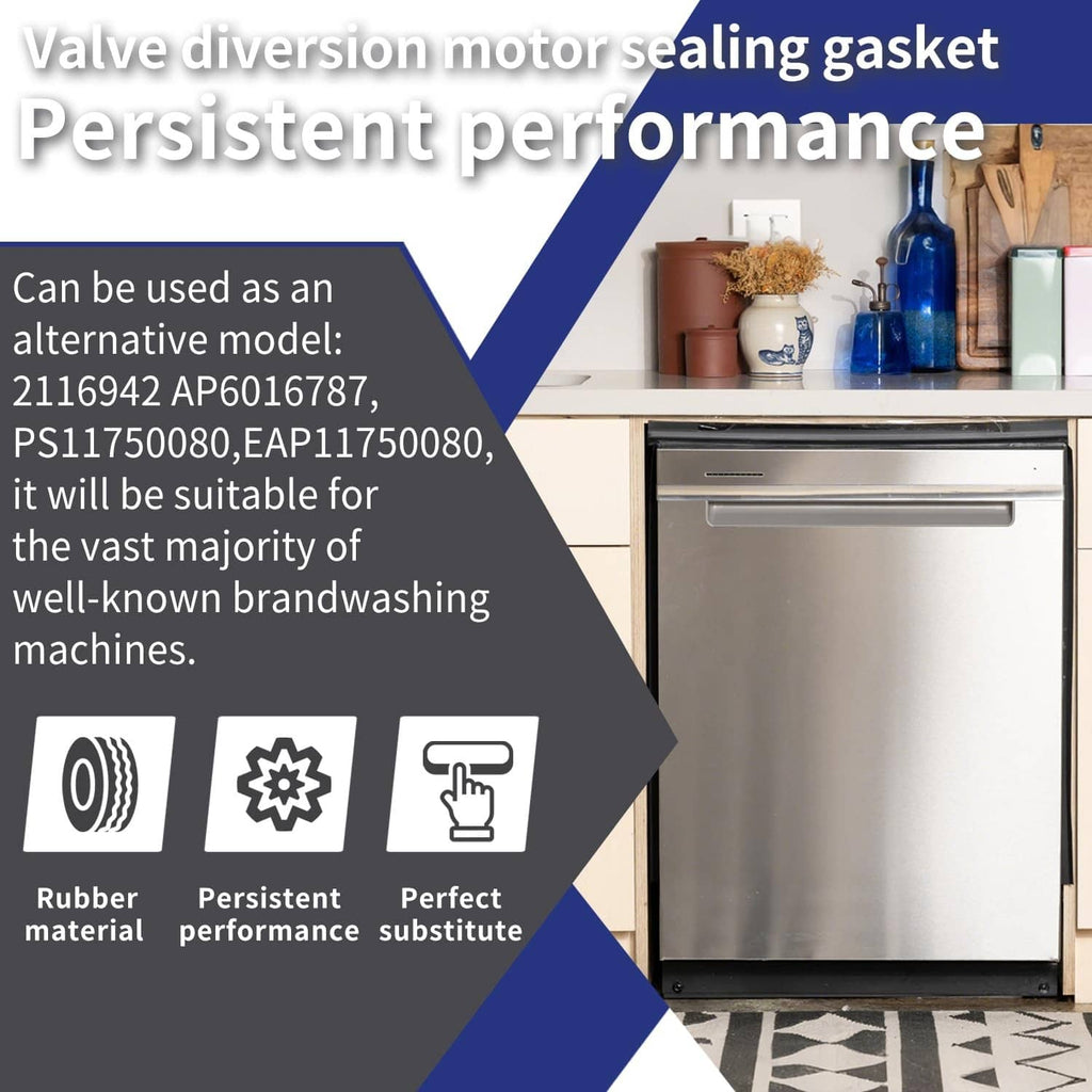 Dishwasher diverter valve sealing gasket shown with promotional graphics