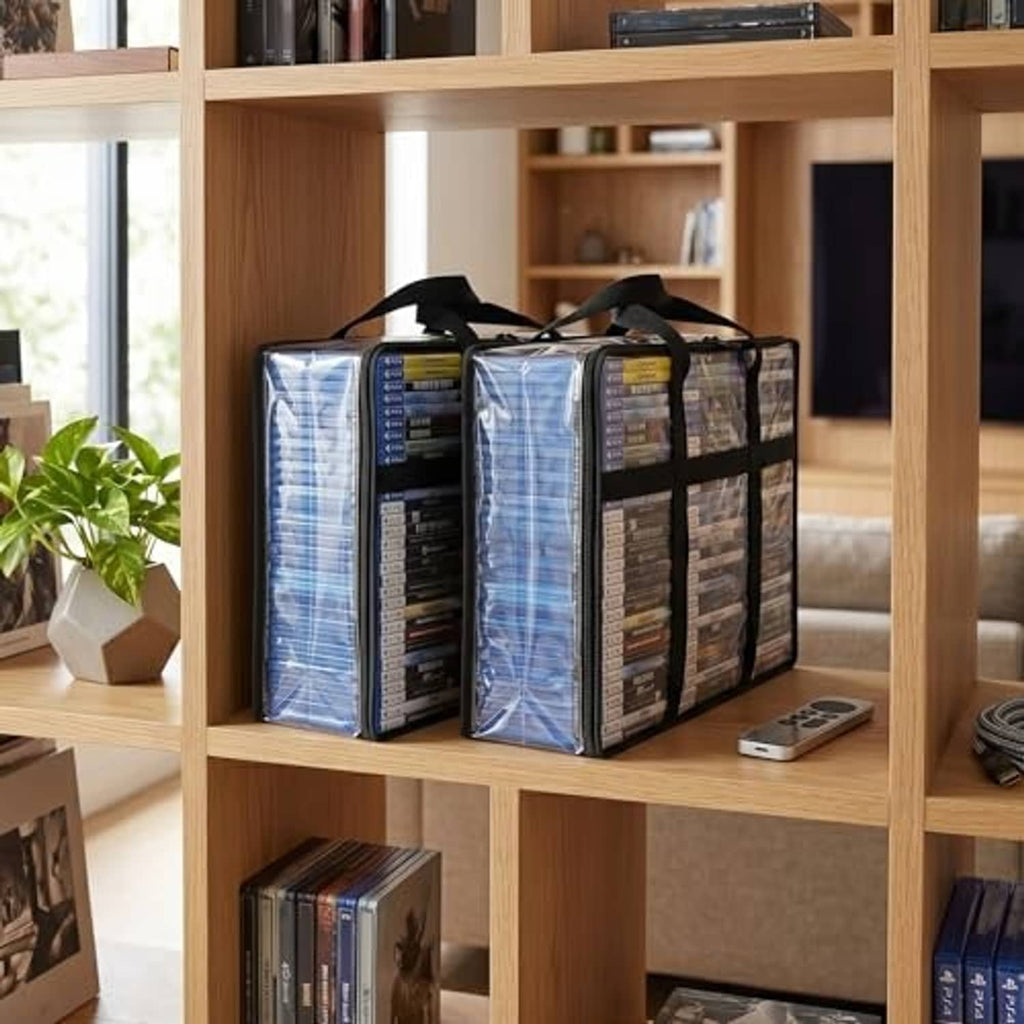 Stacked clear Blu-ray storage bags on shelf with black handles, 2-pack