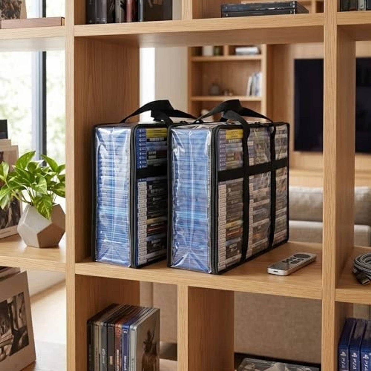 Stacked clear Blu-ray storage bags on shelf with black handles, 2-pack