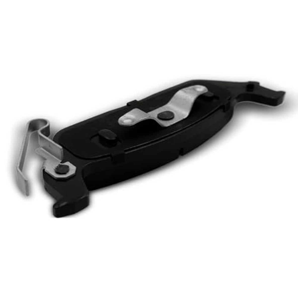 Ceramic brake pad underside with black backing plate and mounting brackets, angled view