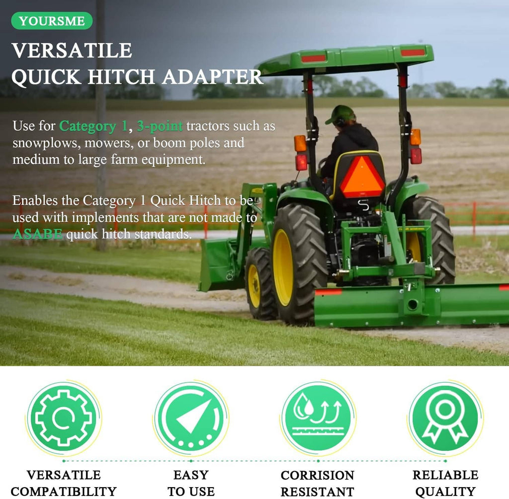 Versatile quick hitch adapter bracket shown with a tractor-style rear linkage