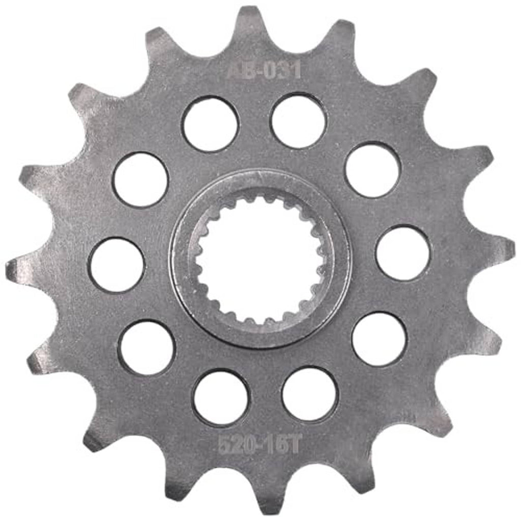 Front sprocket for 520 chain with central splined hub and 16 teeth, gray metal.