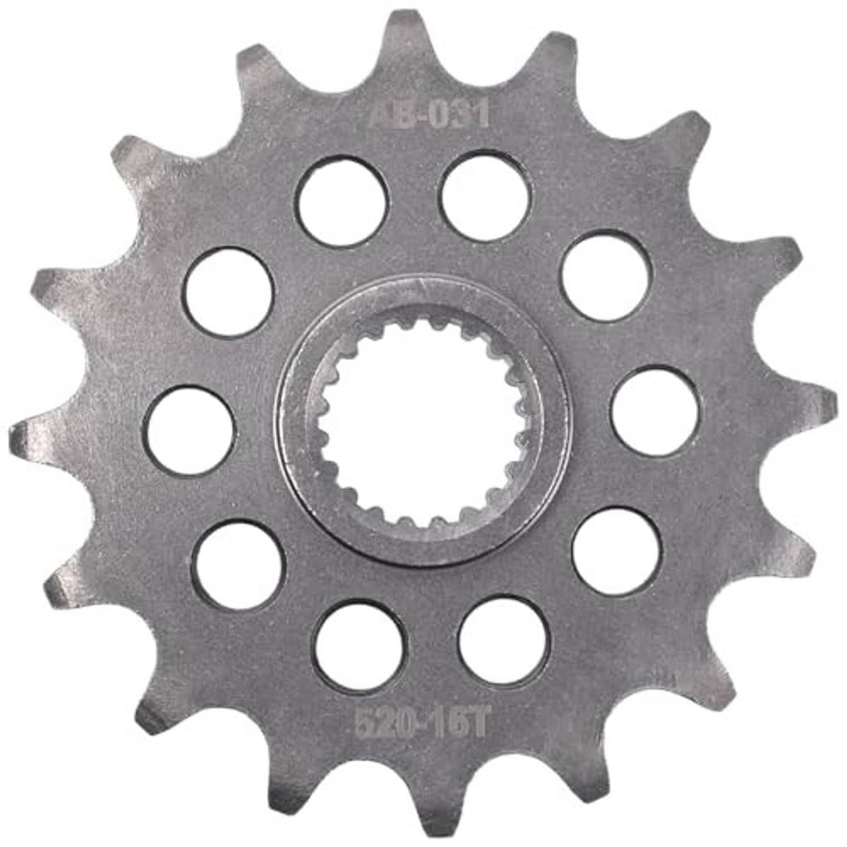 Front sprocket for 520 chain with central splined hub and 16 teeth, gray metal.