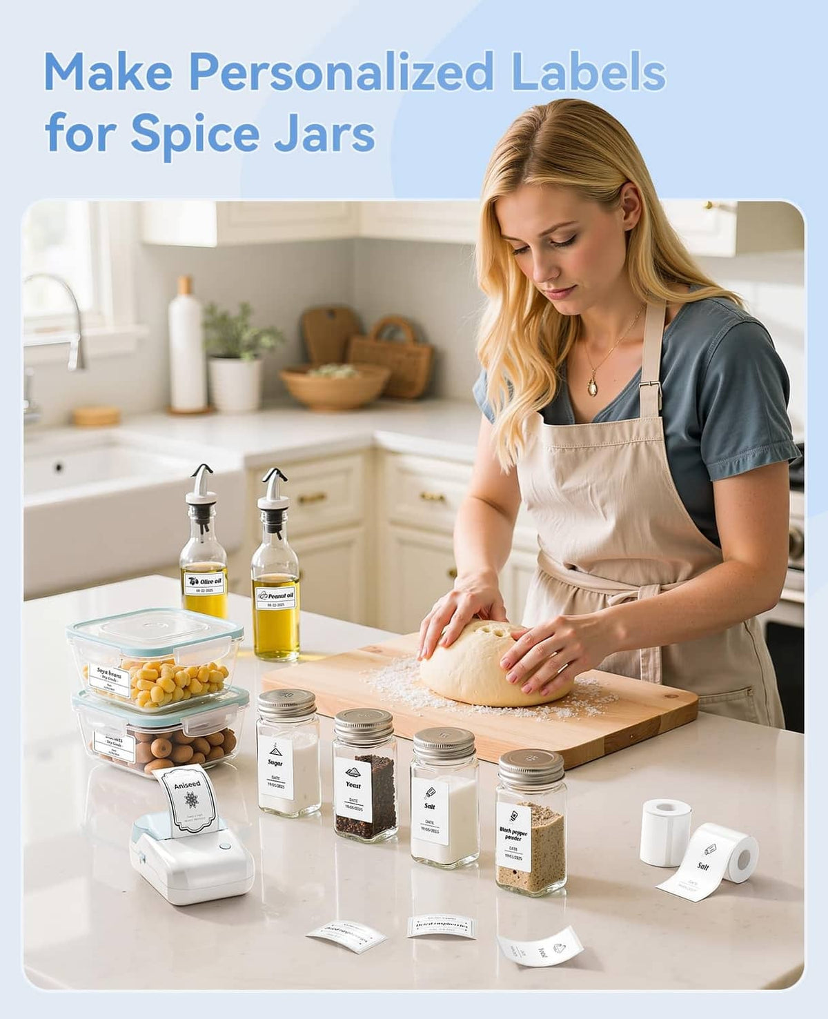 NIIMBOT label maker creating labels for spice jars on a countertop