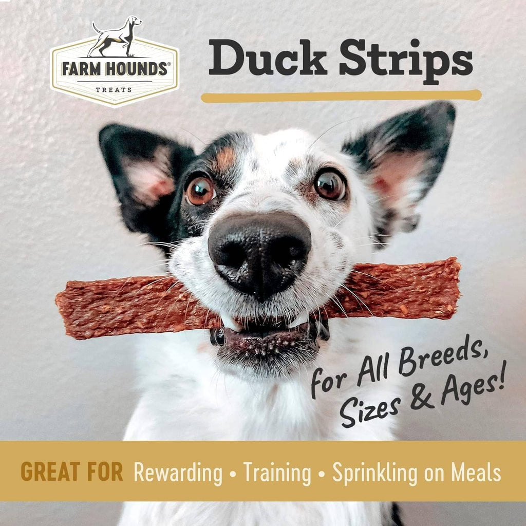 Farm Hounds duck strips dog treat packaging with dog face and jerky pieces