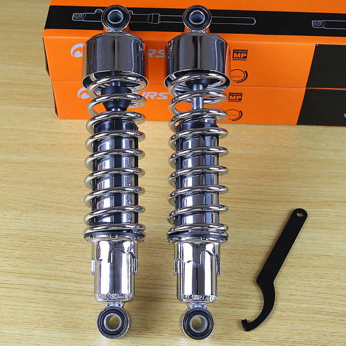 Chrome rear shock absorbers with coil springs and top/bottom eyelets, two pack