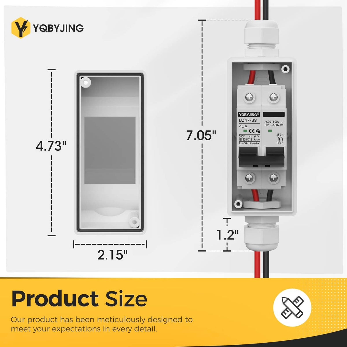 Solar disconnect switch size diagram with front window and internal breaker dimensions