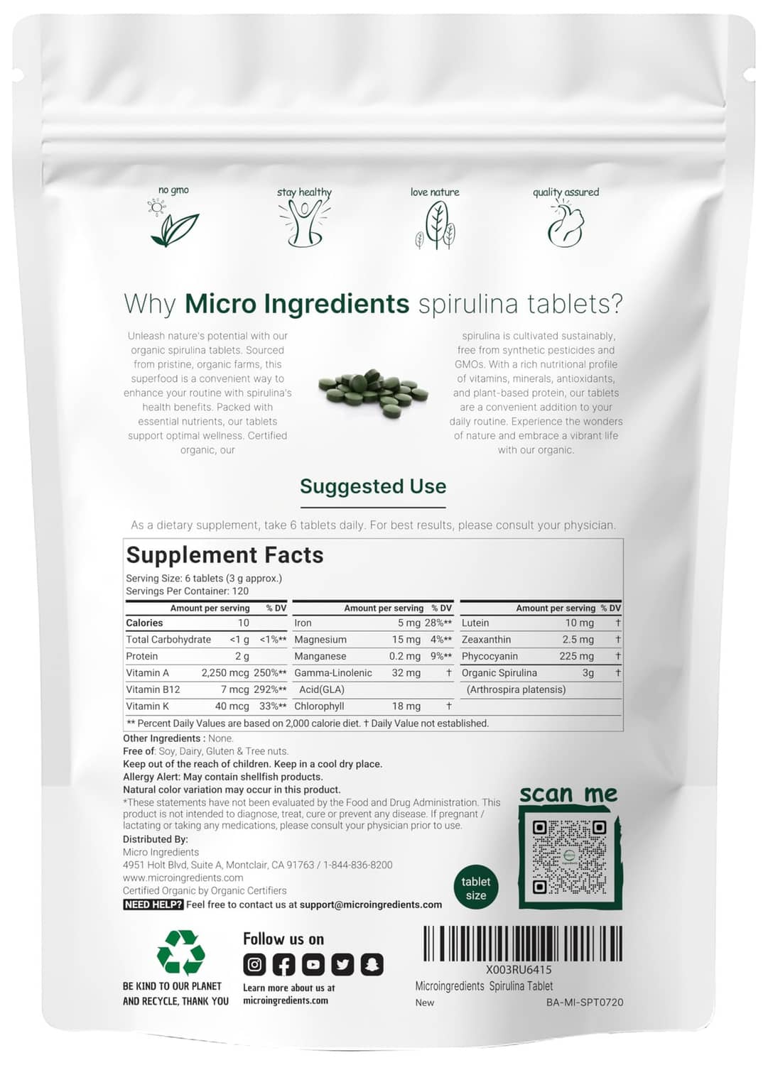 Organic spirulina tablet supplement back label with Supplement Facts table and barcode
