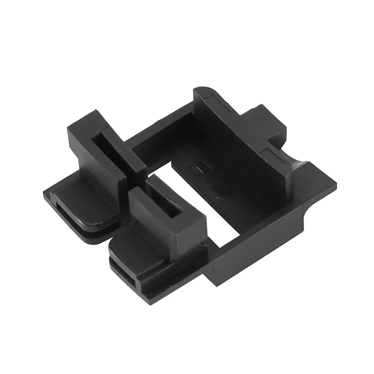 Black plastic electrical connector bracket with multiple slots and raised latch tabs