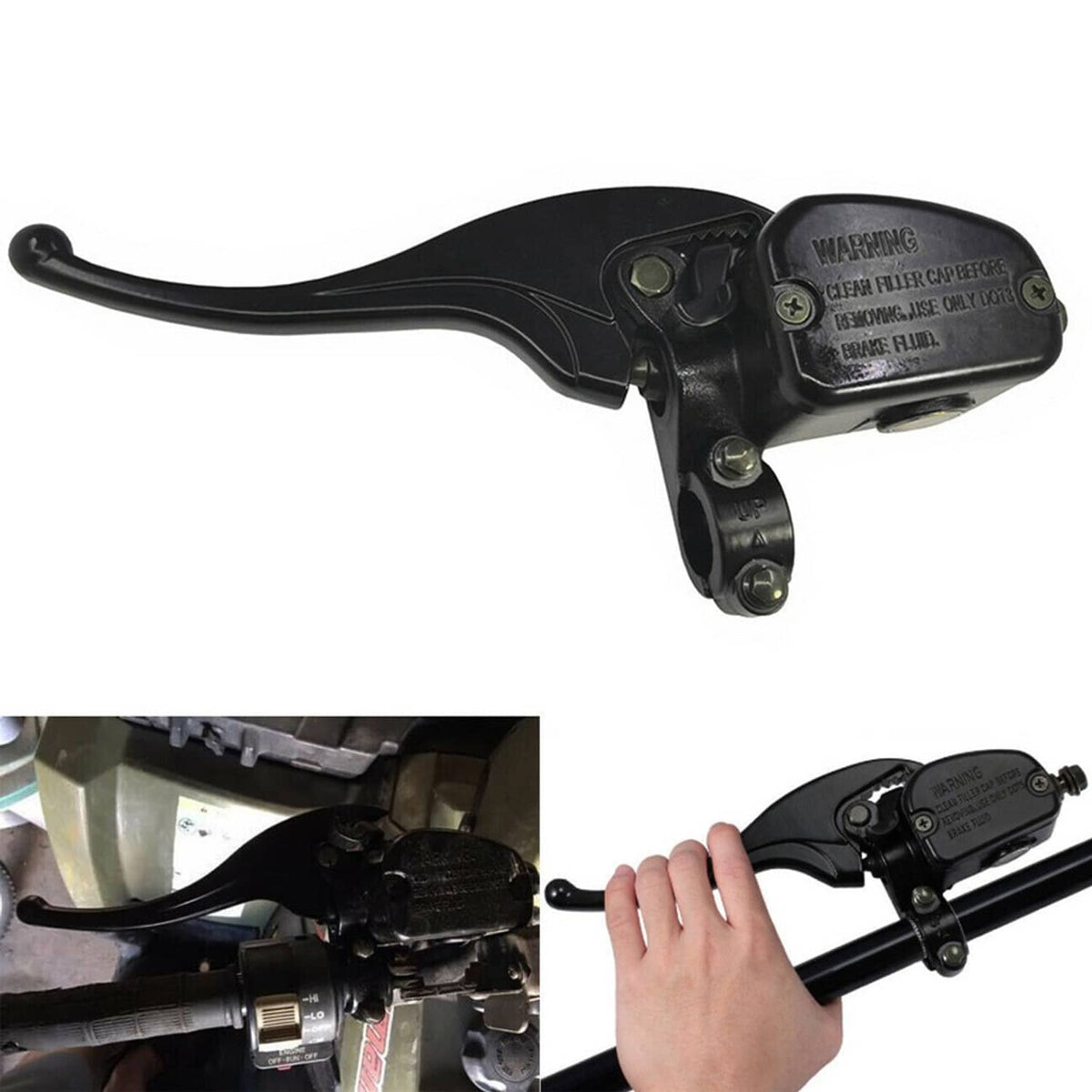 Front brake master cylinder with black lever and reservoir housing, metal mounting bracket