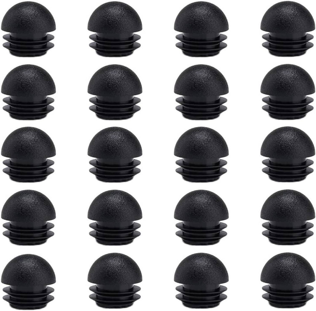 Set of black plastic chair leg end caps with ribbed bases, 20 pieces
