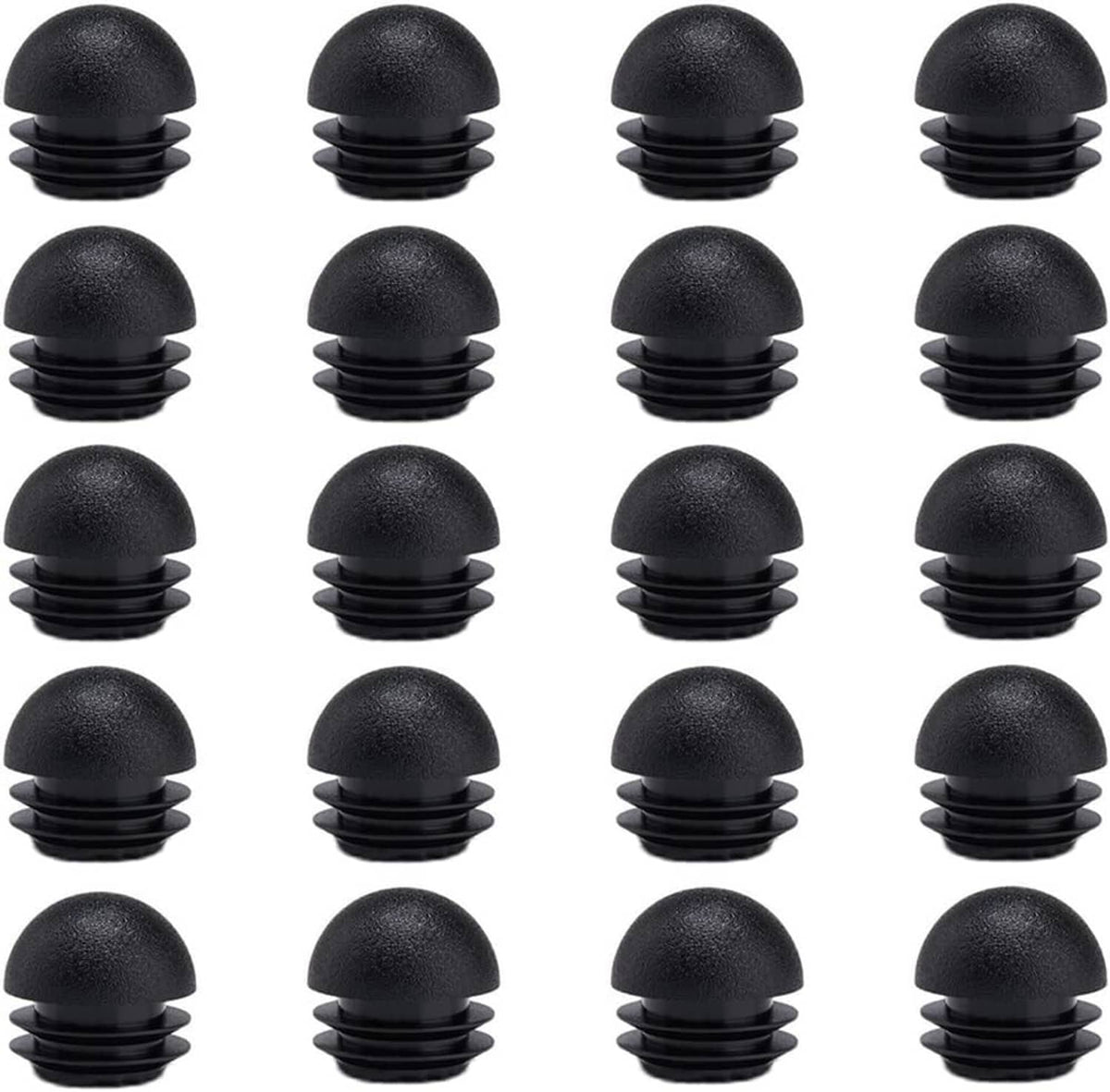 Set of black plastic chair leg end caps with ribbed bases, 20 pieces