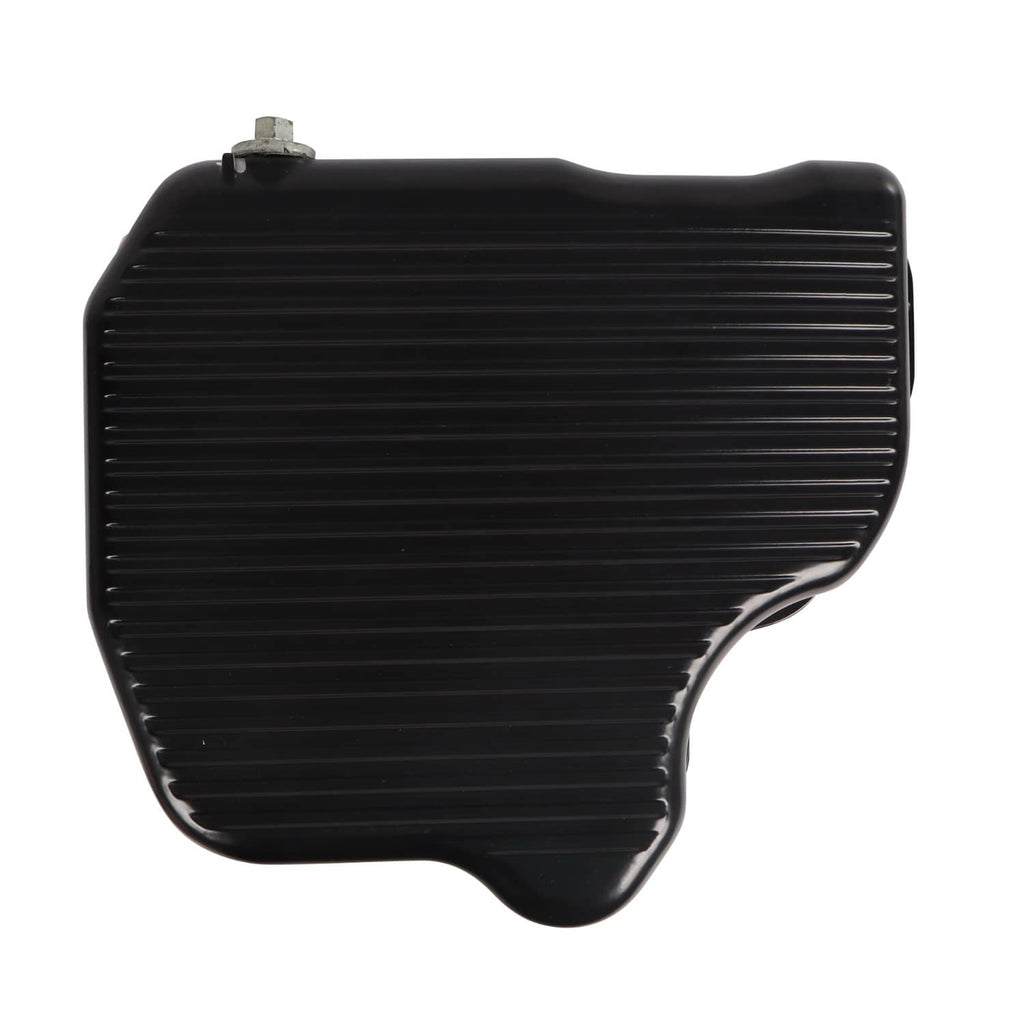 Black oil pan with slotted baffle and rounded shape