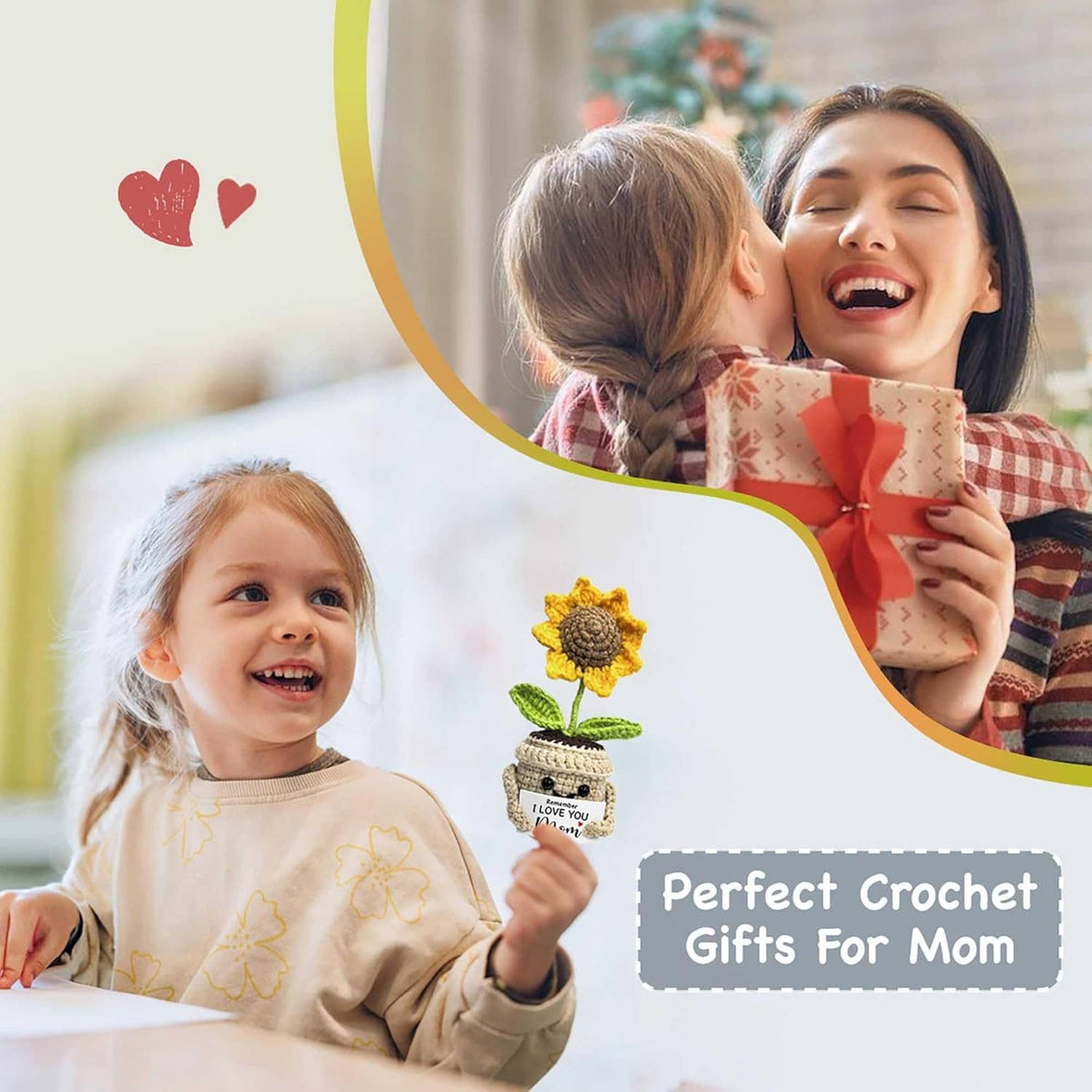 Crocheted sunflower gift in beige pot with yellow petals and green leaves, 'Perfect Crochet Gifts for Mom' box